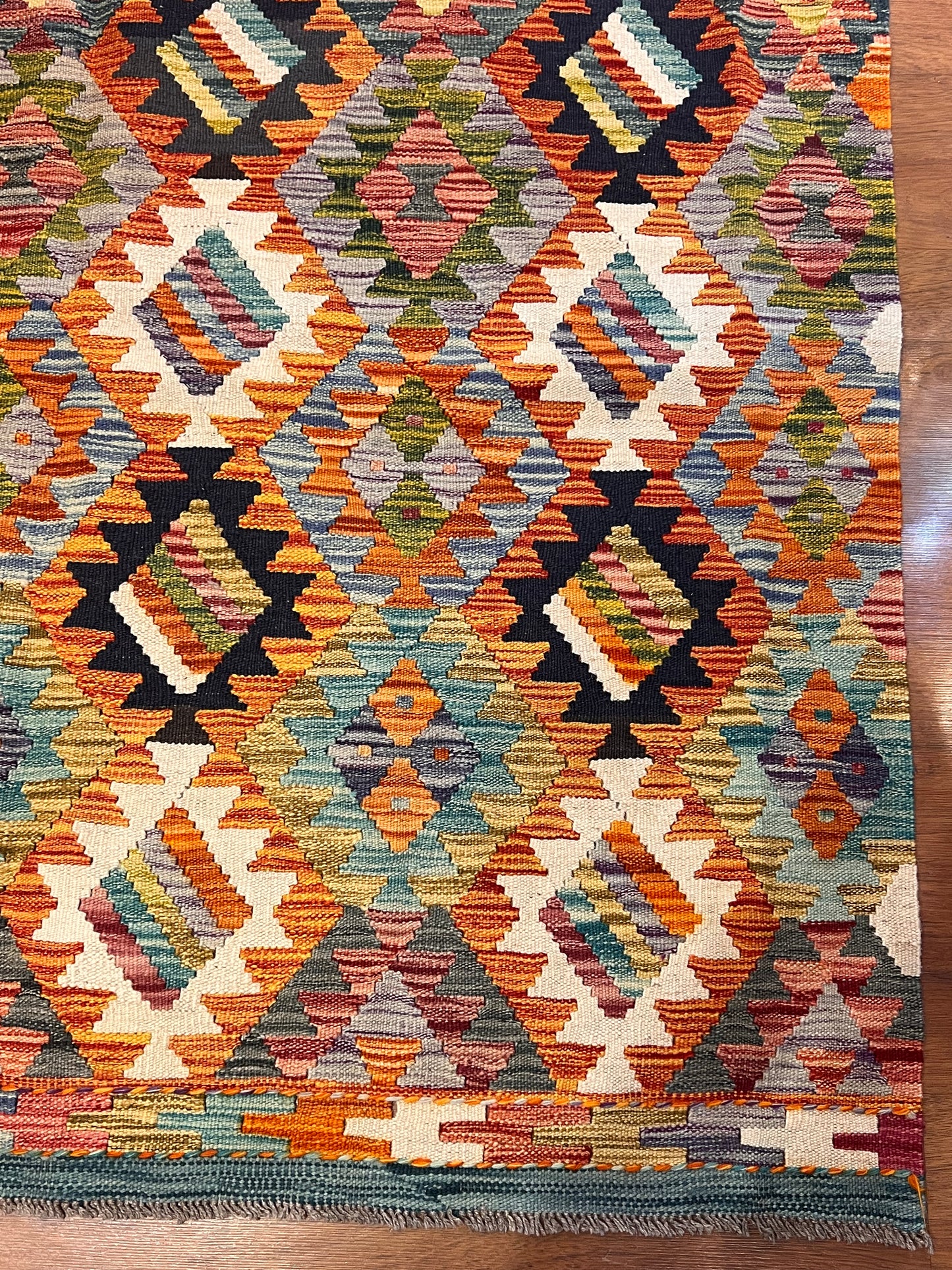 7x9 Handwoven Turkish Kilim Rug – Colorful Geometric Anatolian Design – Fine Quality Wool Area Rug