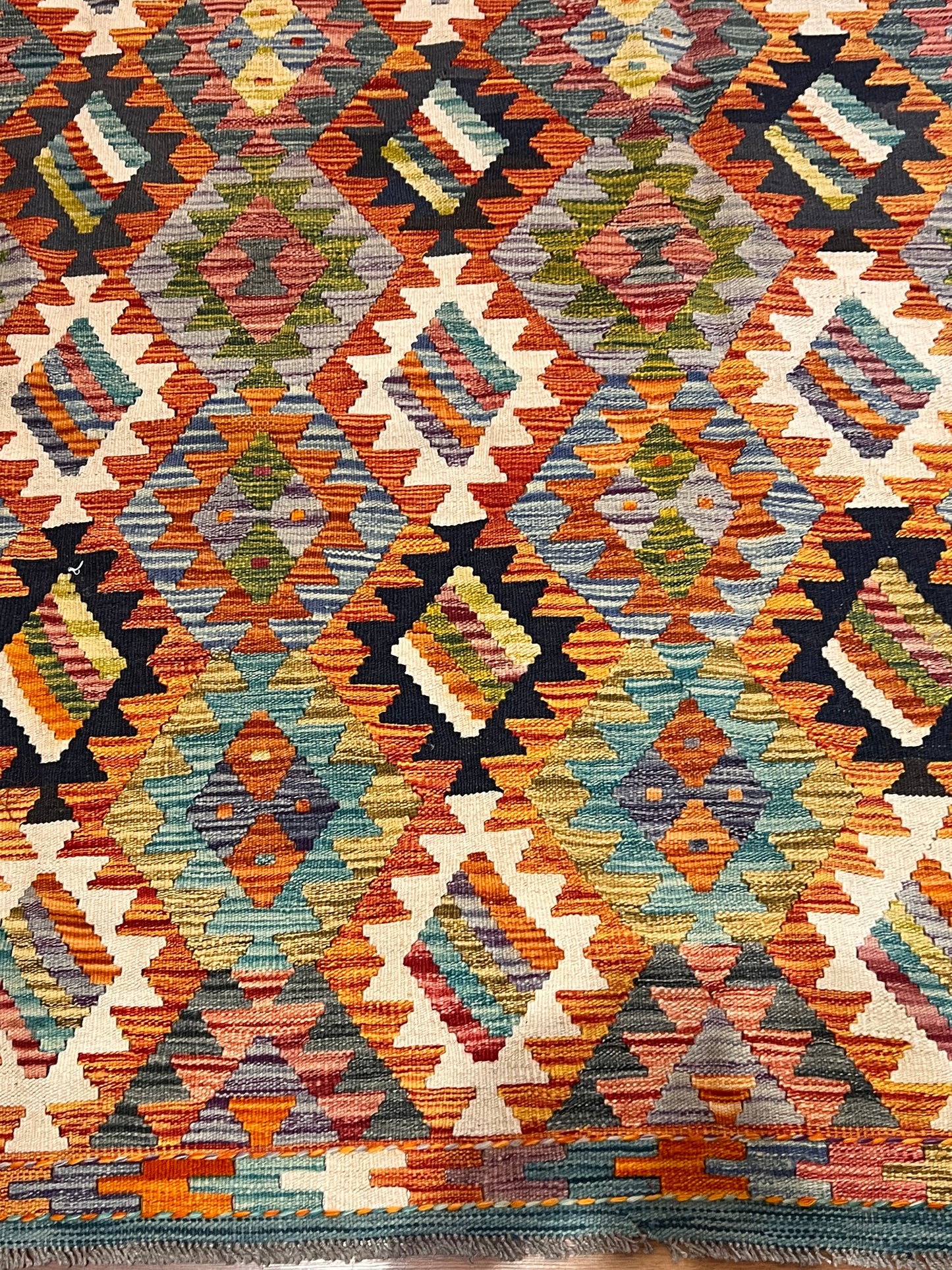 7x9 Handwoven Turkish Kilim Rug – Colorful Geometric Anatolian Design – Fine Quality Wool Area Rug