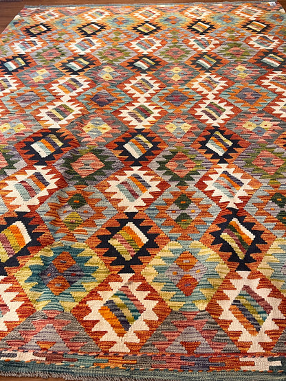 7x9 Handwoven Turkish Kilim Rug – Colorful Geometric Anatolian Design – Fine Quality Wool Area Rug
