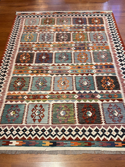 6x8 Fine Quality Turkish Kilim Rug – Handwoven Multicolor Panel Design Anatolian Rug