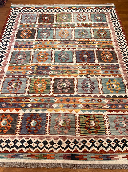 6x8 Fine Quality Turkish Kilim Rug – Handwoven Multicolor Panel Design Anatolian Rug