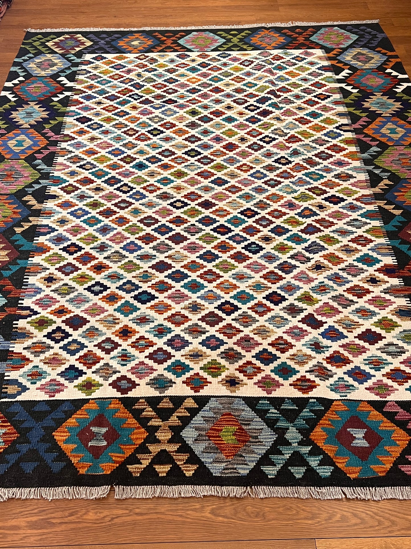 6x8 Fine Quality Turkish Kilim Rug – Handwoven Multicolor Geometric Rug with Bold Black Border
