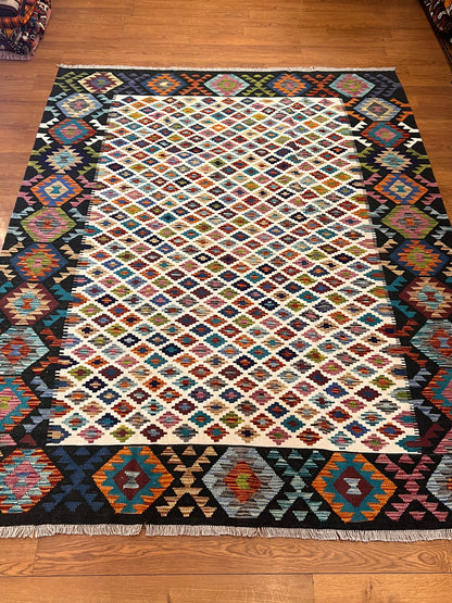 6x8 Fine Quality Turkish Kilim Rug – Handwoven Multicolor Geometric Rug with Bold Black Border