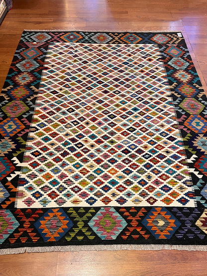 6x8 Fine Quality Turkish Kilim Rug – Handwoven Multicolor Geometric Rug with Bold Black Border