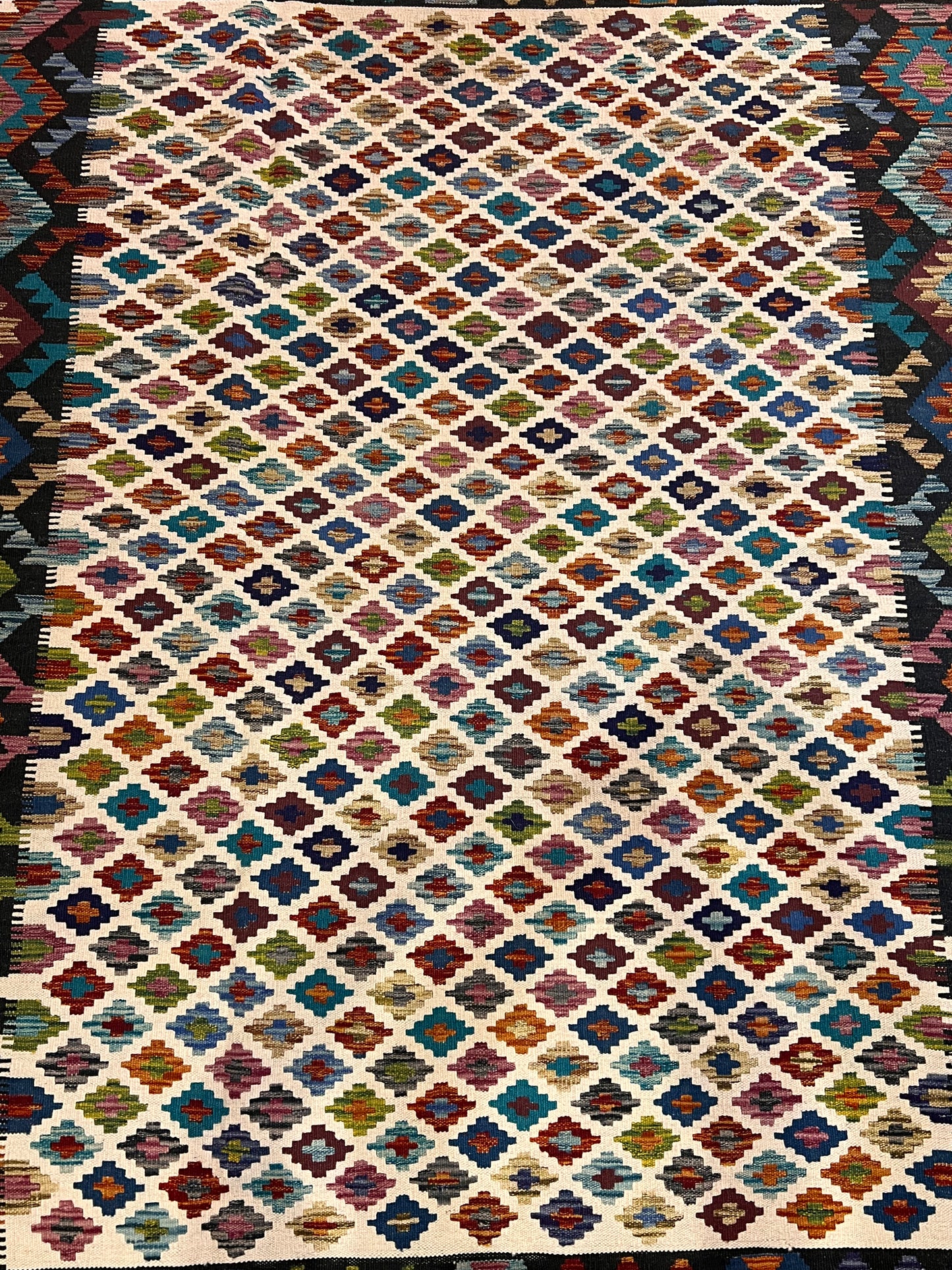 6x8 Fine Quality Turkish Kilim Rug – Handwoven Multicolor Geometric Rug with Bold Black Border