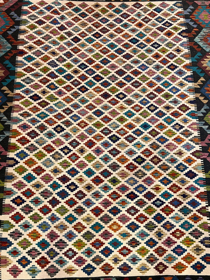 6x8 Fine Quality Turkish Kilim Rug – Handwoven Multicolor Geometric Rug with Bold Black Border