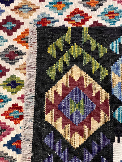 6x8 Fine Quality Turkish Kilim Rug – Handwoven Multicolor Geometric Rug with Bold Black Border