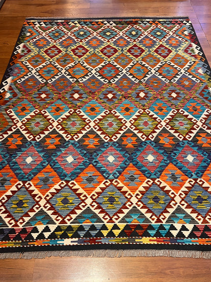 6x8 Fine Quality Turkish Kilim Rug – Handwoven Colorful Diamond Geometric Anatolian Area Rug