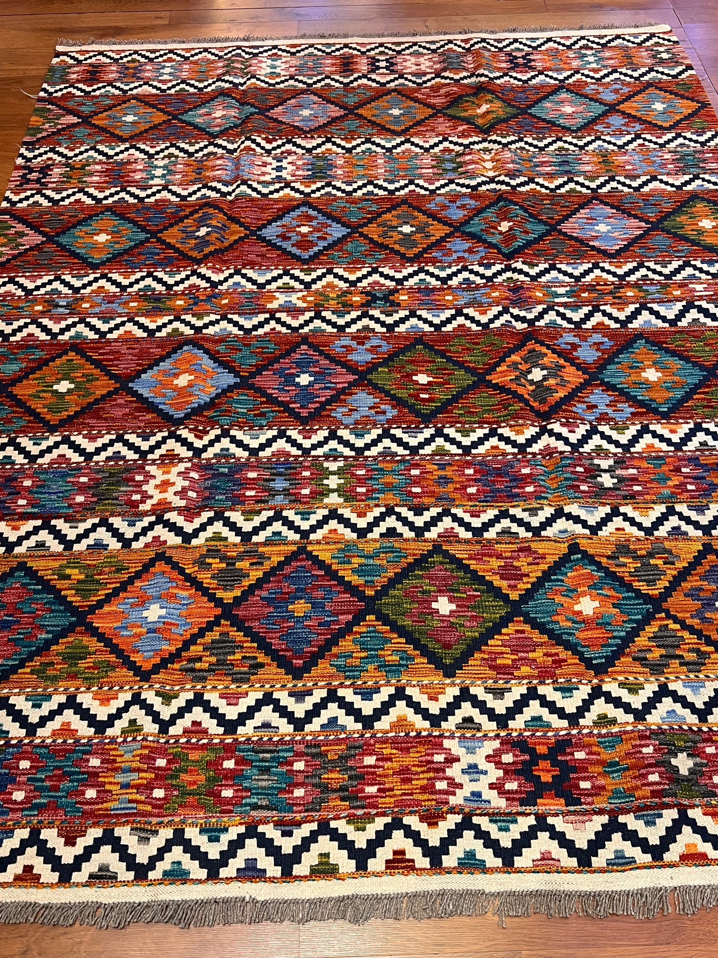 6x8 Fine Quality Turkish Kilim Rug – Handwoven Colorful Diamond & Stripe Anatolian Area Rug