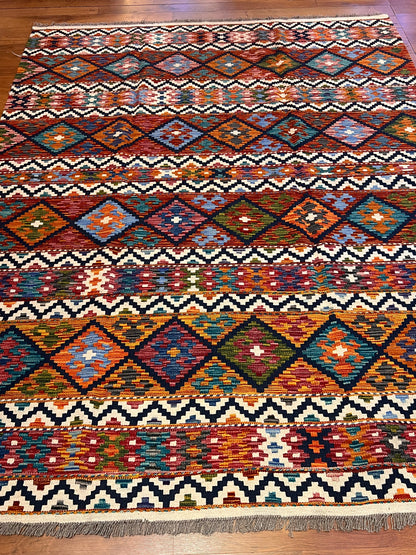 6x8 Fine Quality Turkish Kilim Rug – Handwoven Colorful Diamond & Stripe Anatolian Area Rug