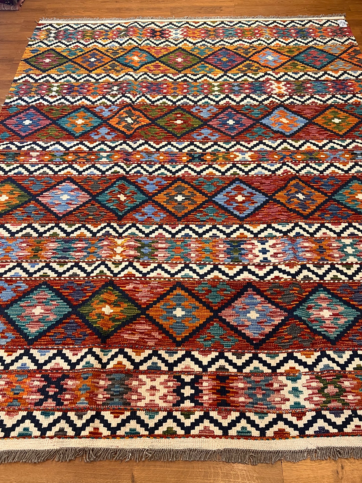 6x8 Fine Quality Turkish Kilim Rug – Handwoven Colorful Diamond & Stripe Anatolian Area Rug