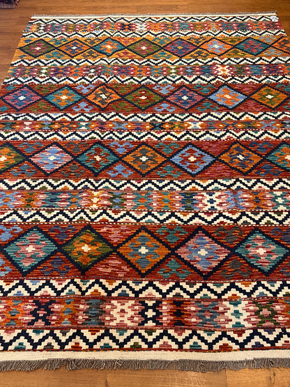 6x8 Fine Quality Turkish Kilim Rug – Handwoven Colorful Diamond & Stripe Anatolian Area Rug