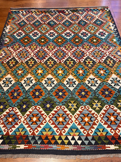 6x8 Fine Quality Turkish Kilim Rug – Handwoven Colorful Diamond Geometric Anatolian Rug