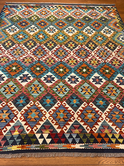 6x8 Fine Quality Turkish Kilim Rug – Handwoven Colorful Diamond Geometric Anatolian Rug