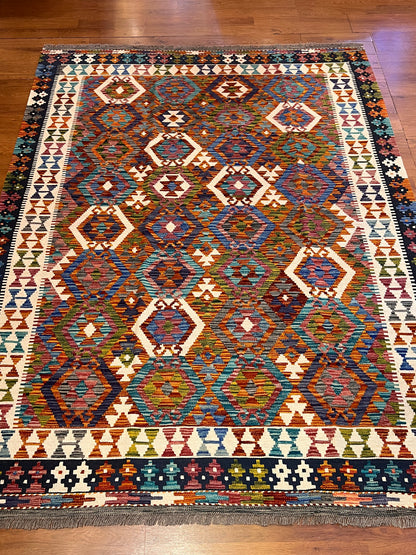 6x8 Fine Quality Turkish Kilim Rug – Handwoven Multicolor Medallion Anatolian Statement Rug