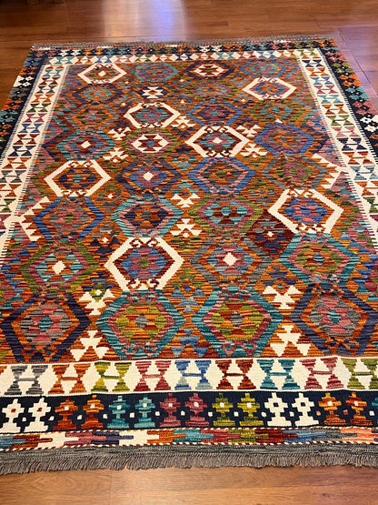 6x8 Fine Quality Turkish Kilim Rug – Handwoven Multicolor Medallion Anatolian Statement Rug