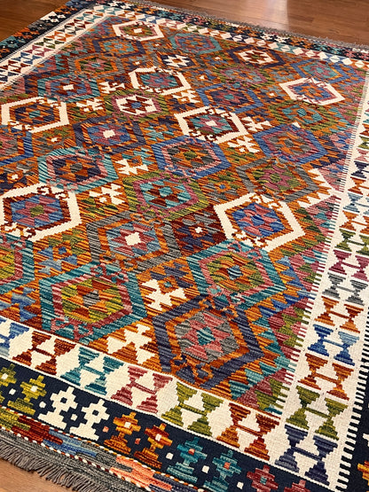 6x8 Fine Quality Turkish Kilim Rug – Handwoven Multicolor Medallion Anatolian Statement Rug