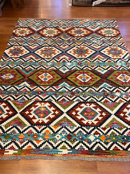 6x8 Fine Quality Turkish Kilim Rug – Handwoven Geometric Diamond Medallion Anatolian Rug