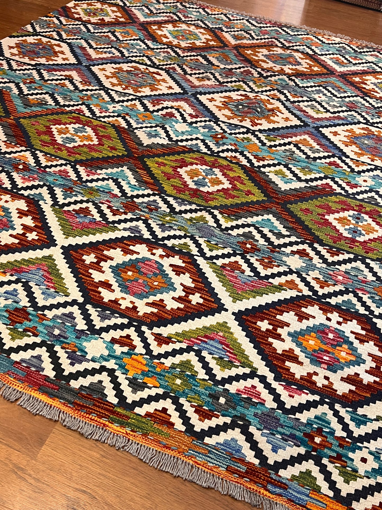 6x8 Fine Quality Turkish Kilim Rug – Handwoven Geometric Diamond Medallion Anatolian Rug