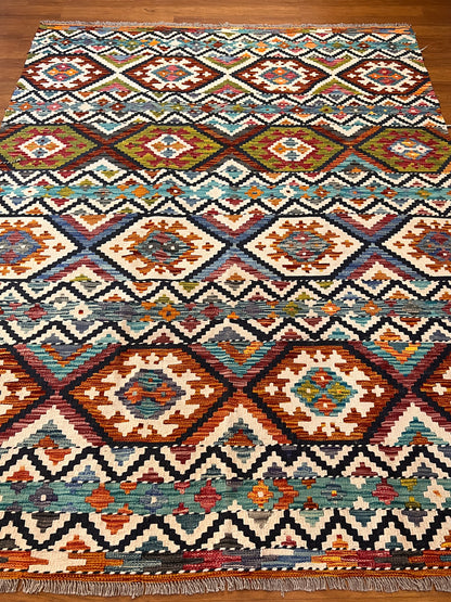 6x8 Fine Quality Turkish Kilim Rug – Handwoven Geometric Diamond Medallion Anatolian Rug