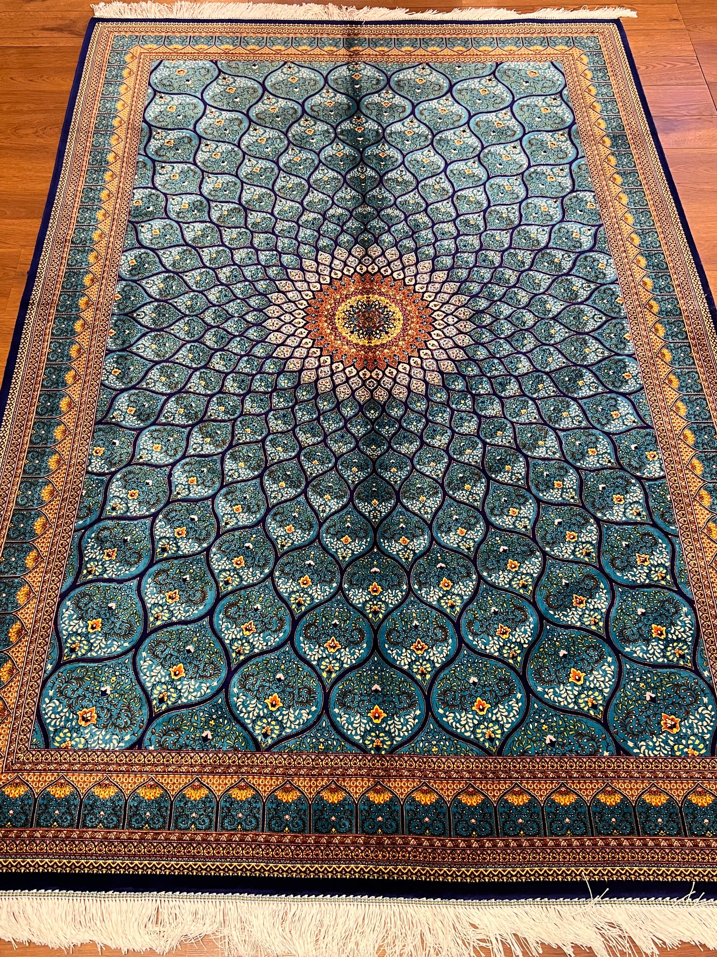 5’ x 8’ Luxury Silk Rug – Turquoise Blue Radiating Medallion Design – Intricate Woven Turkish Area Rug