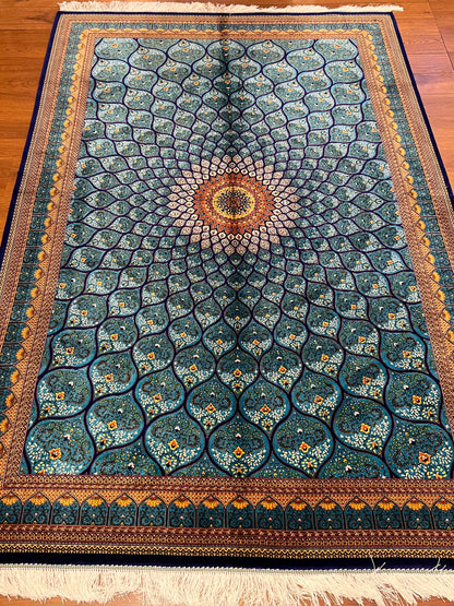5’ x 8’ Luxury Silk Rug – Turquoise Blue Radiating Medallion Design – Intricate Woven Turkish Area Rug