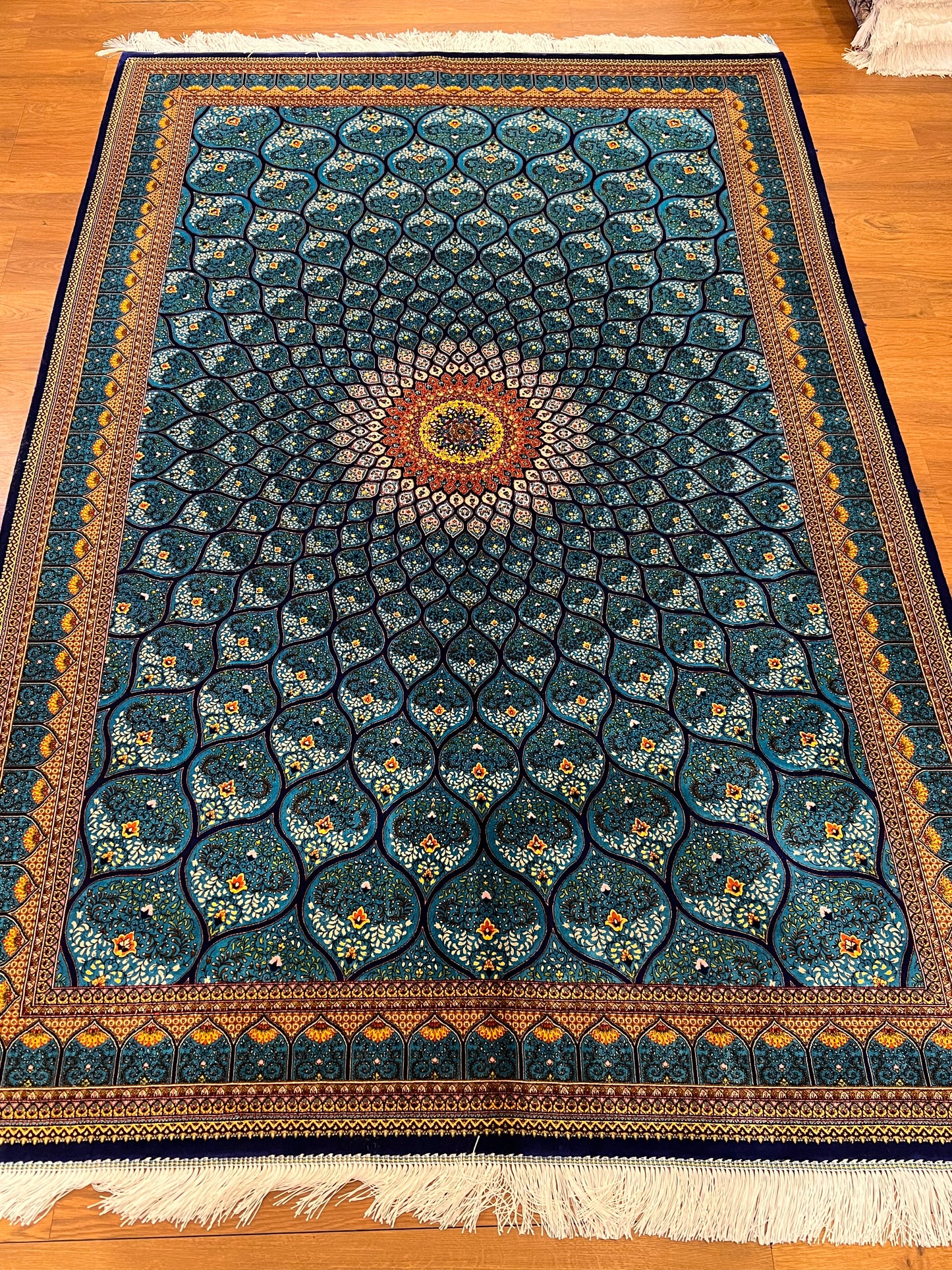 5’ x 8’ Luxury Silk Rug – Turquoise Blue Radiating Medallion Design – Intricate Woven Turkish Area Rug