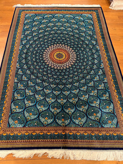 5’ x 8’ Luxury Silk Rug – Turquoise Blue Radiating Medallion Design – Intricate Woven Turkish Area Rug