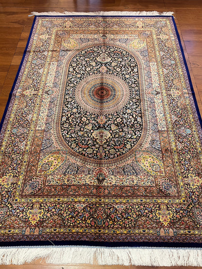 5’ x 8’ Luxury Silk Rug – Black Grand Medallion & Floral Design – Intricate Woven Turkish Area Rug