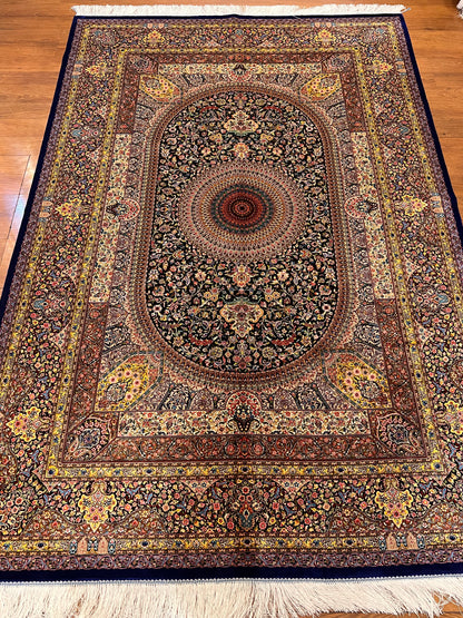 5’ x 8’ Luxury Silk Rug – Black Grand Medallion & Floral Design – Intricate Woven Turkish Area Rug