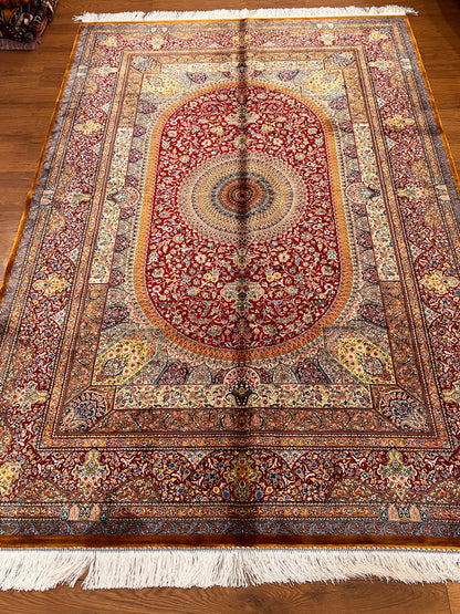 5’ x 8’ Luxury Silk Rug – Ruby Red Grand Medallion & Floral Design – Intricate Woven Turkish Area Rug