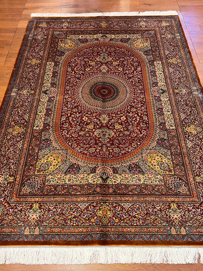 5’ x 8’ Luxury Silk Rug – Ruby Red Grand Medallion & Floral Design – Intricate Woven Turkish Area Rug