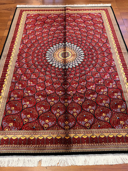 5x8 Deep Red Silk Rug – Radiant Floral Medallion Design with Black & Gold Accents
