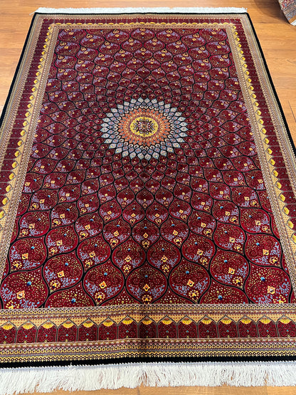 5x8 Deep Red Silk Rug – Radiant Floral Medallion Design with Black & Gold Accents