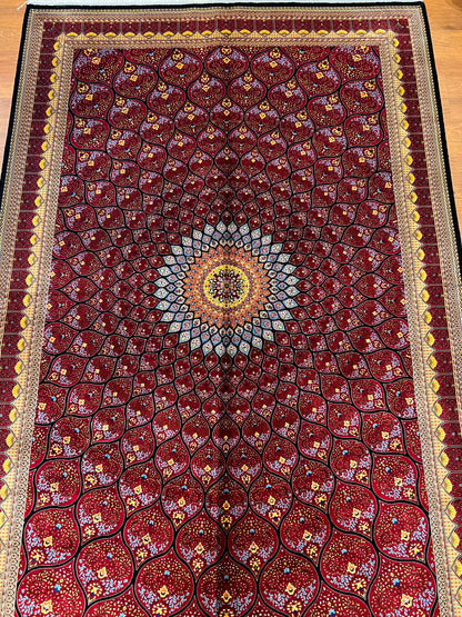 5x8 Deep Red Silk Rug – Radiant Floral Medallion Design with Black & Gold Accents