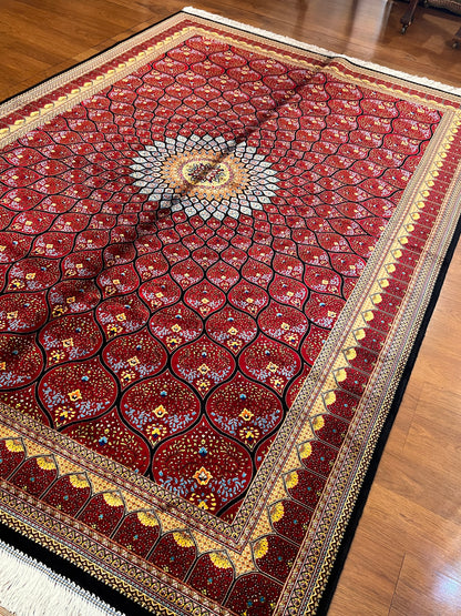 5x8 Deep Red Silk Rug – Radiant Floral Medallion Design with Black & Gold Accents