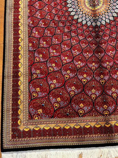 5x8 Deep Red Silk Rug – Radiant Floral Medallion Design with Black & Gold Accents