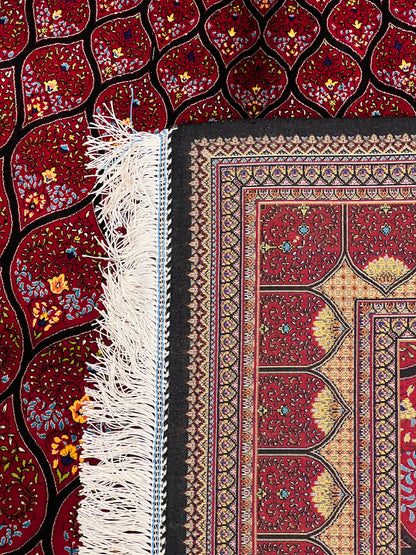 5x8 Deep Red Silk Rug – Radiant Floral Medallion Design with Black & Gold Accents