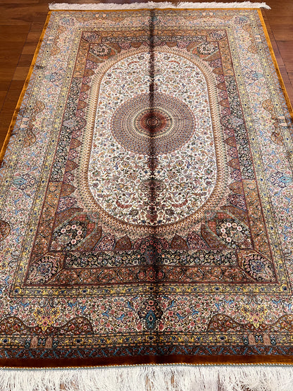 5x8 Ivory & Rust Silk Rug – Intricate Floral Medallion Design with Ornate Border