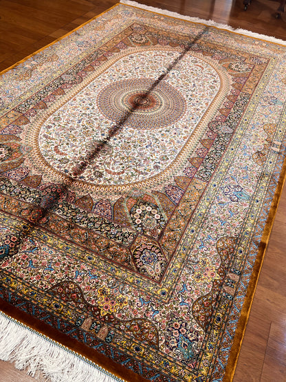 5x8 Ivory & Rust Silk Rug – Intricate Floral Medallion Design with Ornate Border