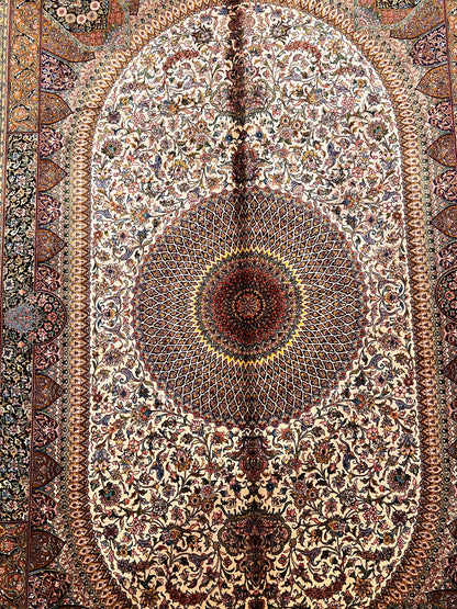 5x8 Ivory & Rust Silk Rug – Intricate Floral Medallion Design with Ornate Border
