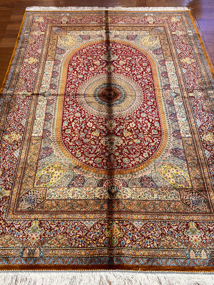 5x8 Rich Red Silk Rug – Grand Floral Medallion Design with Gold & Ivory Details