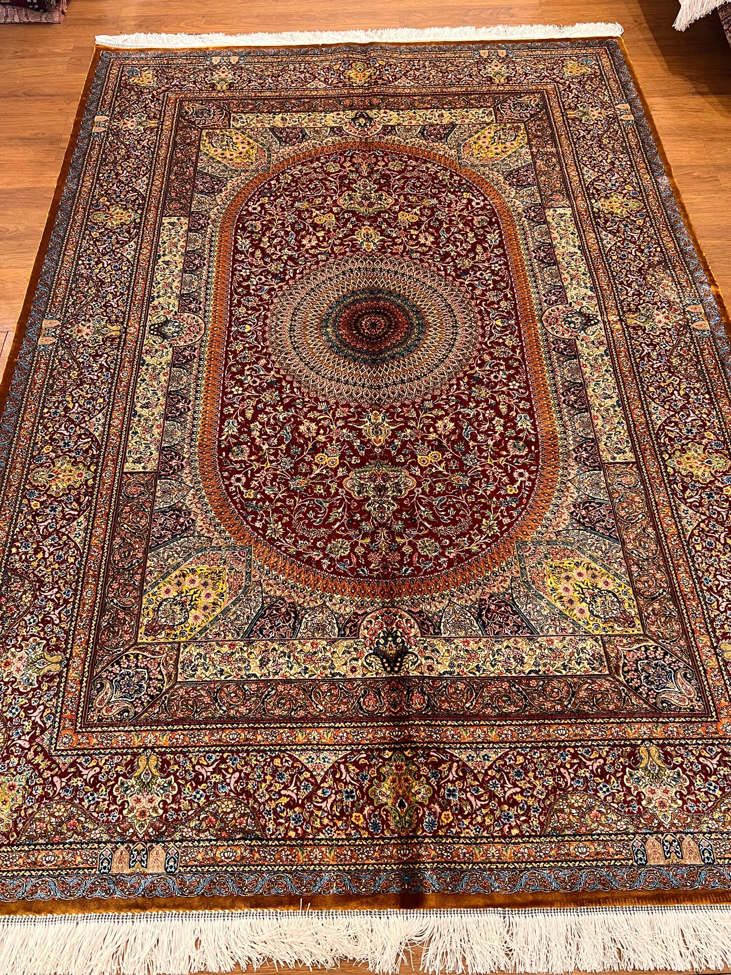 5x8 Rich Red Silk Rug – Grand Floral Medallion Design with Gold & Ivory Details