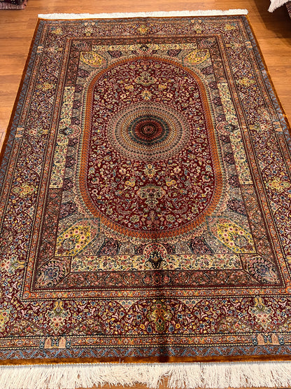 5x8 Rich Red Silk Rug – Grand Floral Medallion Design with Gold & Ivory Details