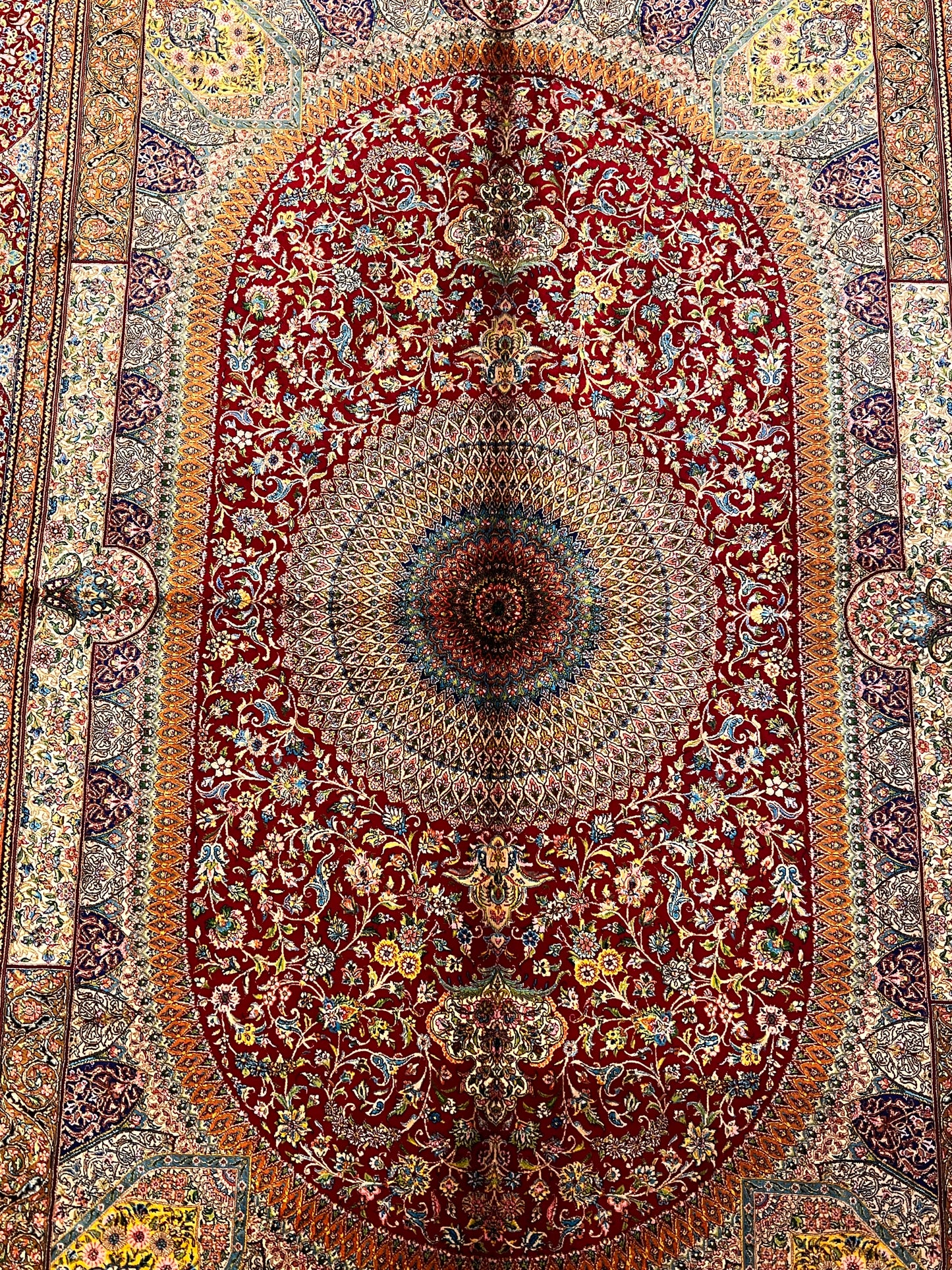 5x8 Rich Red Silk Rug – Grand Floral Medallion Design with Gold & Ivory Details