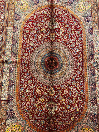5x8 Rich Red Silk Rug – Grand Floral Medallion Design with Gold & Ivory Details