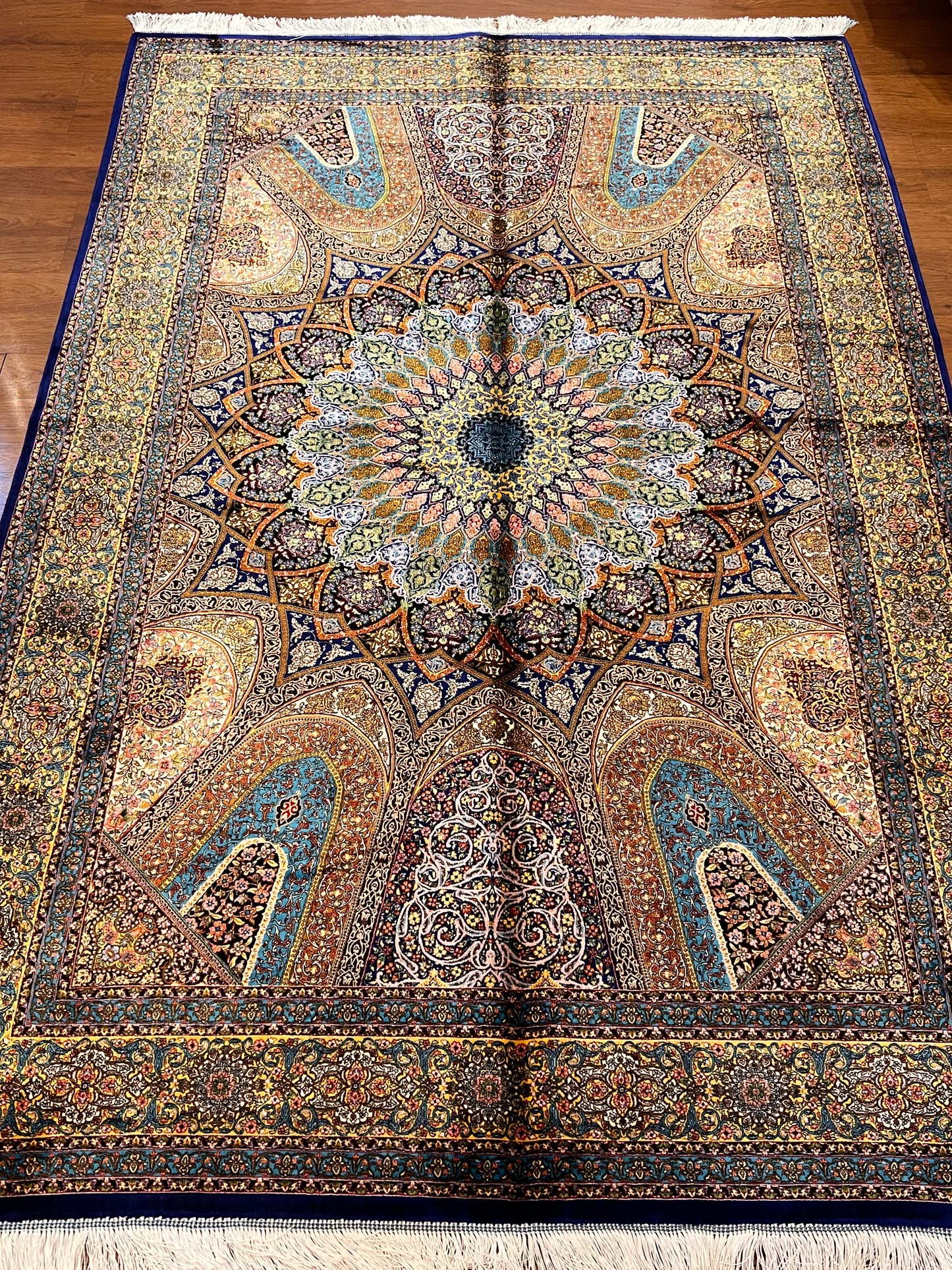 5x8 Multicolor Silk Rug – Architectural Starburst Medallion with Turquoise & Gold Details