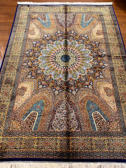 5x8 Multicolor Silk Rug – Architectural Starburst Medallion with Turquoise & Gold Details