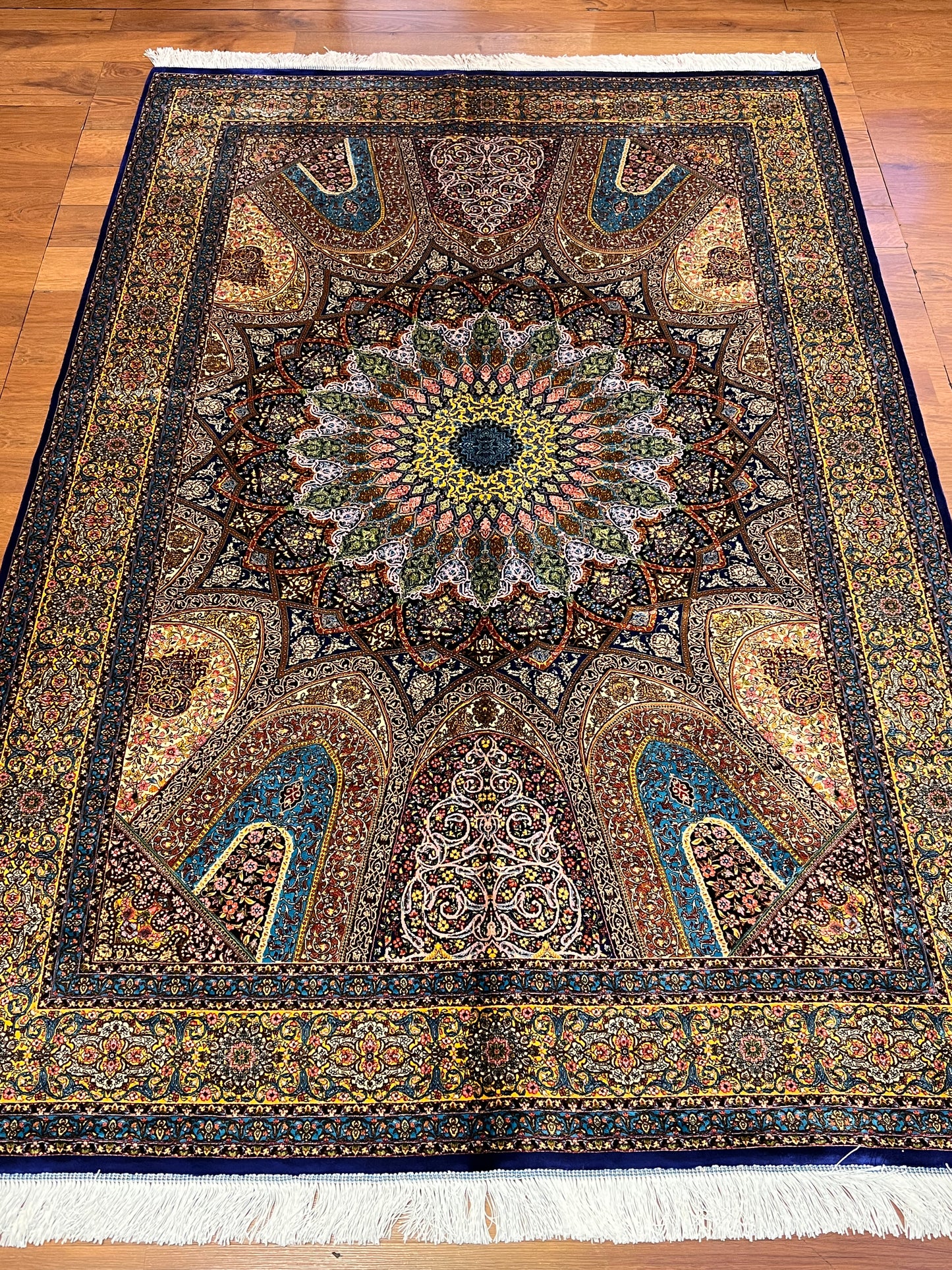 5x8 Multicolor Silk Rug – Architectural Starburst Medallion with Turquoise & Gold Details