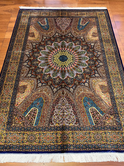 5x8 Multicolor Silk Rug – Architectural Starburst Medallion with Turquoise & Gold Details